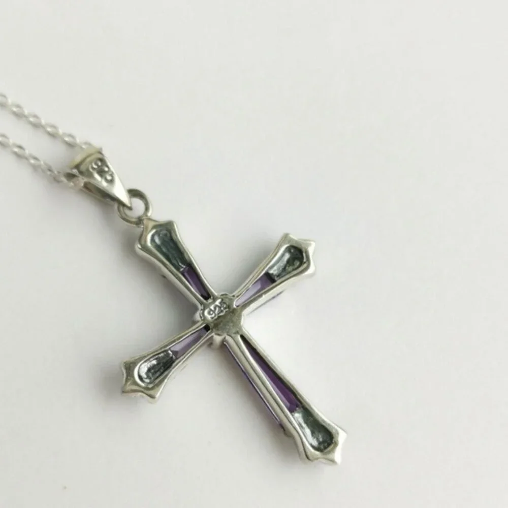 Amethyst Marcasite cross pendant necklace In Sterling Silver